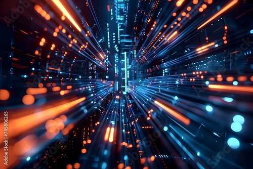dynamic and colorful digital rendering of an abstract data stream in a modern telecommunication context with lines and dots moving through a dark tunnel, a sense of high-tech futuristic cityscape