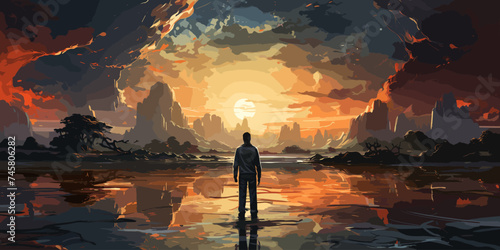 A man standing in a river with his shipwreck against the background of the sky upside down, digital art style, illustration painting