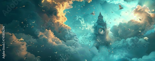 A clock tower in the clouds where time moves backward surrounded by flying books photo