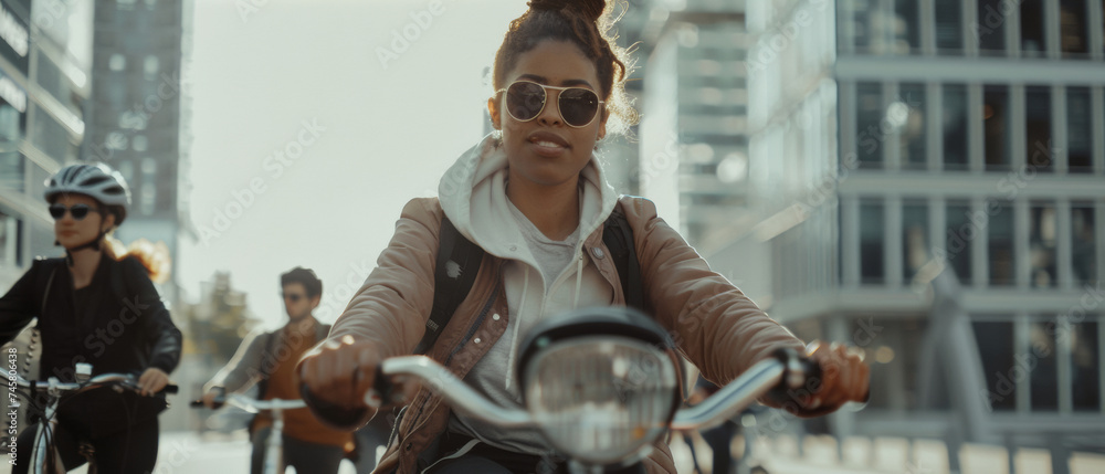Urban chic woman cycling with friends in the city, exuding confidence and style