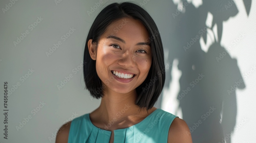 Smiling woman with shoulder-length black hair wearing a light blue dress standing against a white wall with a shadow of leaves on it. Smiling woman with shoulder-length black hair wearing a light blue dress standing against a white wall with a shadow of leaves on it.