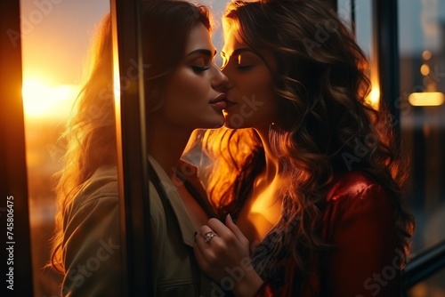 Romantic lesbian couple embracing by window at sunset in modern hotel, love and relationship concept