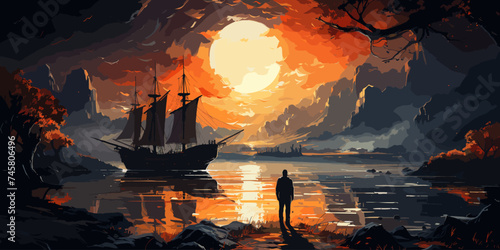 A man standing in a river with his shipwreck against the background of the sky upside down, digital art style, illustration painting