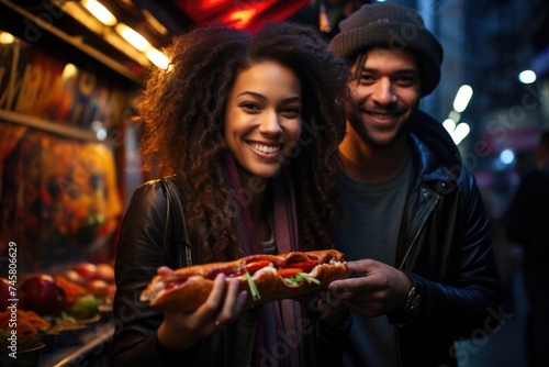 Young woman and man holding hot dogs in her hands  eating street food  generative IA