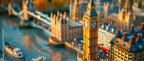 Miniature London skyline bathed in golden hour light, a charming tilt-shift capture