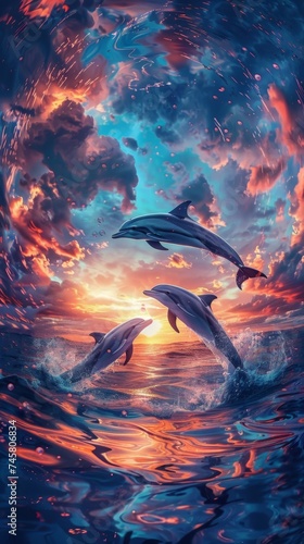 A dreamlike landscape where dolphins leap amidst swirling, hypnotic skies, reflecting a kaleidoscope of sunset hues