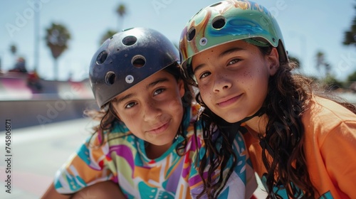 Two young girls wearing colorful helmets and matching shirts smiling and posing together at a skate park. © iuricazac