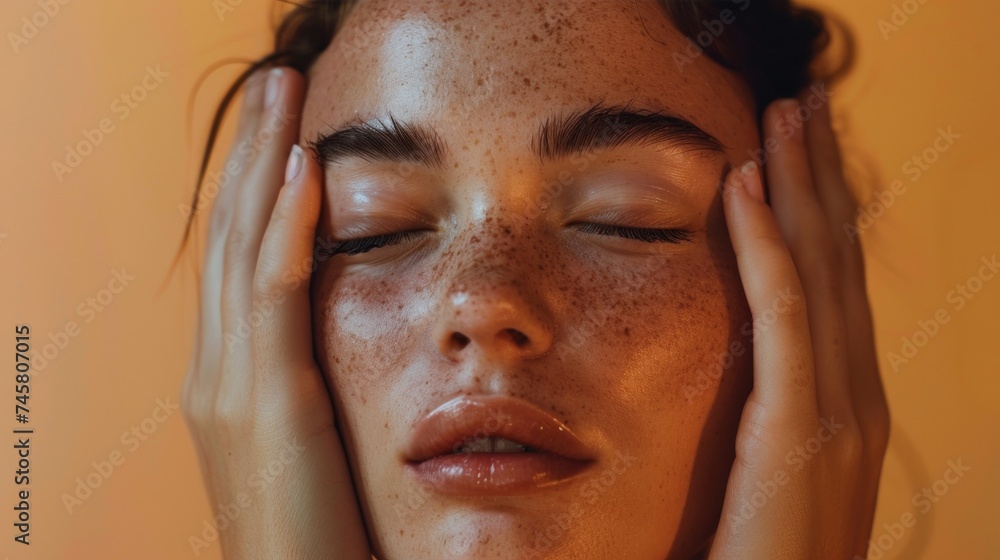 Fototapeta premium A woman with closed eyes and freckles pressing her hands against her cheeks in a contemplative or stressed pose with a warm soft-focus background.