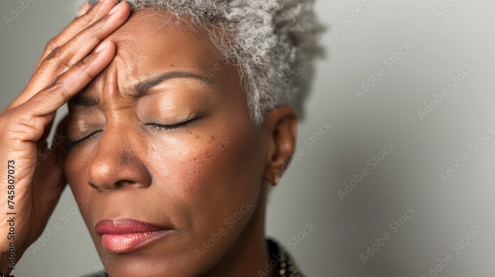 Woman with closed eyes hand on forehead showing distress or deep thought. Woman with closed eyes hand on forehead showing distress or deep thought.