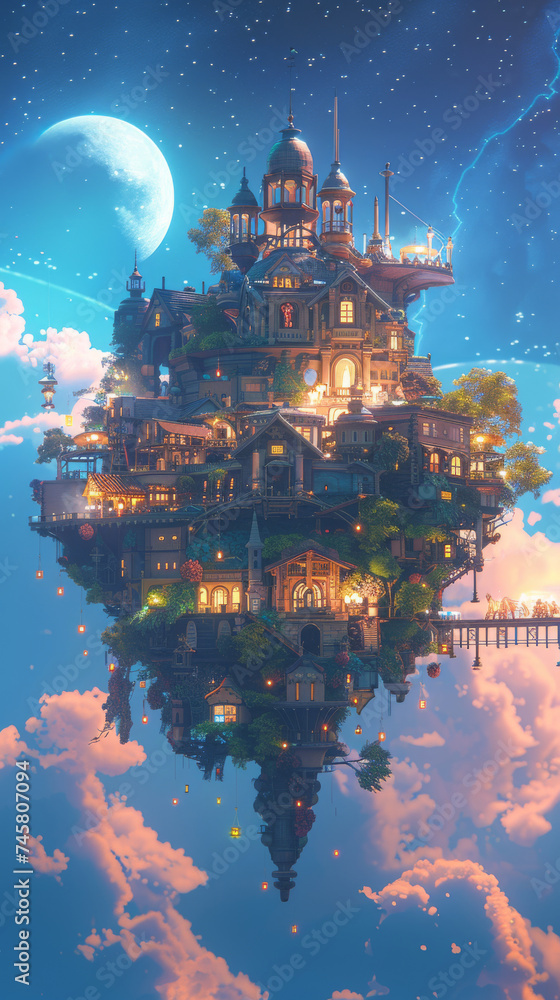 A mystical bazaar floating in the sky selling magical artifacts and charms