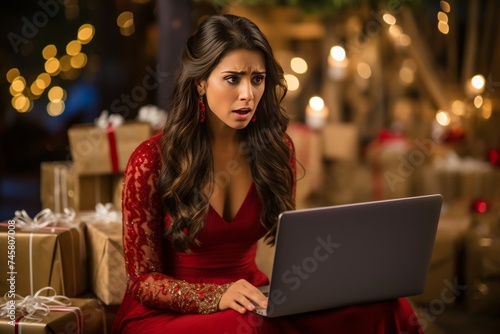 Portrait of distressed woman looking anxious while reading unsettling news in an email on laptop