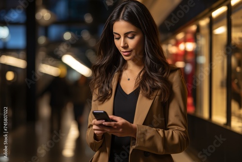 Happy woman shopping online using smartphone standing in the night city