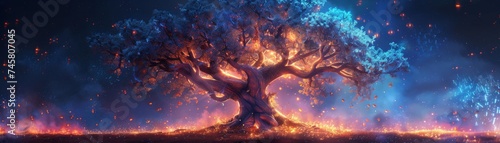 A mystical glowing tree that bears fruit with magical properties guarded by forest sprites photo