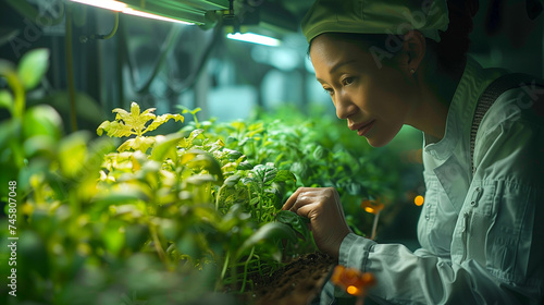 ertical Farming Inspection: Agriculture Engineer Monitoring Plant Growth. Generative AI. photo