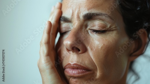 A woman with closed eyes resting her hand on her forehead conveying a sense of deep thought or concern.