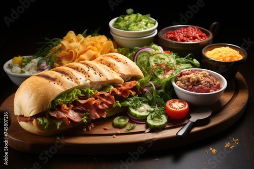Types of mixed sandwich with various foods on a wooden plate, generative IA