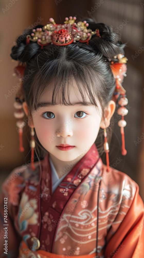 Little Girl in Traditional Korean Attire with Hairpins Little Girl in Traditional Korean Attire with Hairpins