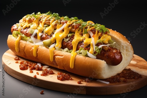 A hot dog with mustard is on a white background., generative IA