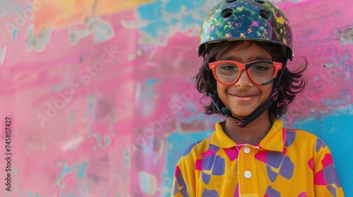 Young child wearing a colorful helmet and glasses smiling against a vibrant multicolored backdrop.