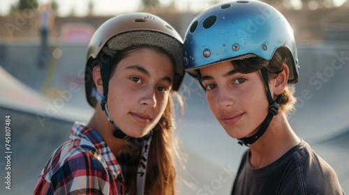 Two young skateboarders posing for a photo at a skate park wearing helmets and smiling with a blurred skate ramp in the background.