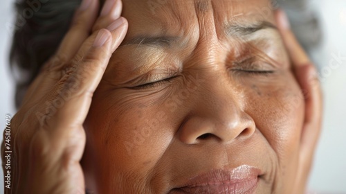 An elderly person with closed eyes resting their head on their hand showing signs of relaxation or contemplation.