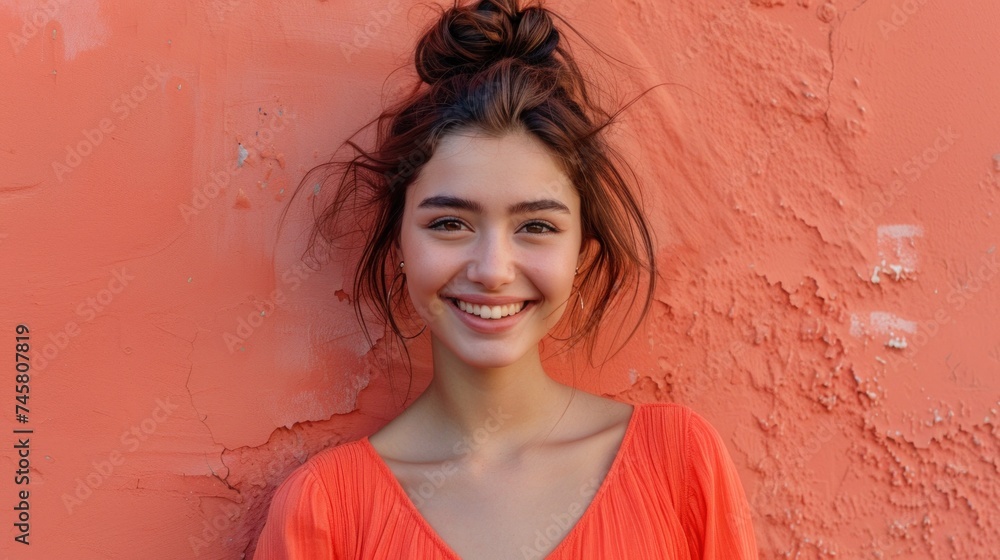 A young woman with a radiant smile wearing an orange top standing against a textured orange wall. A young woman with a radiant smile wearing an orange top standing against a textured orange wall.