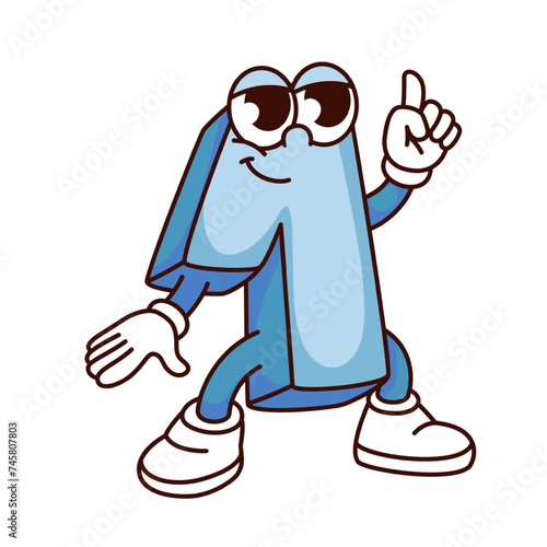 Groovy number 1 cartoon character showing one finger up. Funny retro blue number with hands and legs pointing, digit mascot, cartoon school comic math sticker of 70s 80s style vector illustration