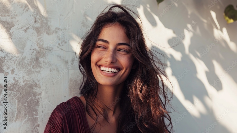 Smiling woman with long brown hair wearing a maroon top against a textured white wall with shadows from leaves. Smiling woman with long brown hair wearing a maroon top against a textured white wall with shadows from leaves.