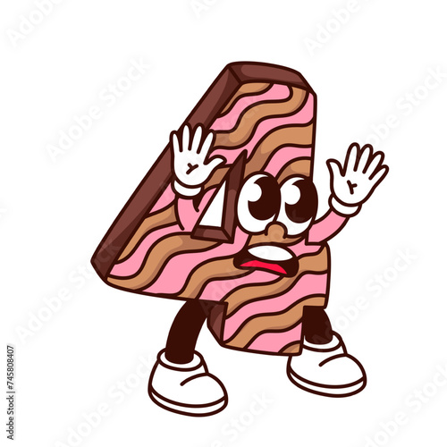 Groovy number 4 cartoon character with fear expression and hands up. Funny retro four number with pink and brown waves pattern, arithmetic mascot, cartoon sticker of 70s 80s style vector illustration