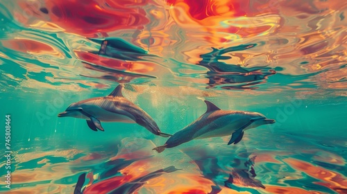 A surreal underwater scene with dolphins swimming through a kaleidoscopic ocean  vibrant colors blending like a daydream