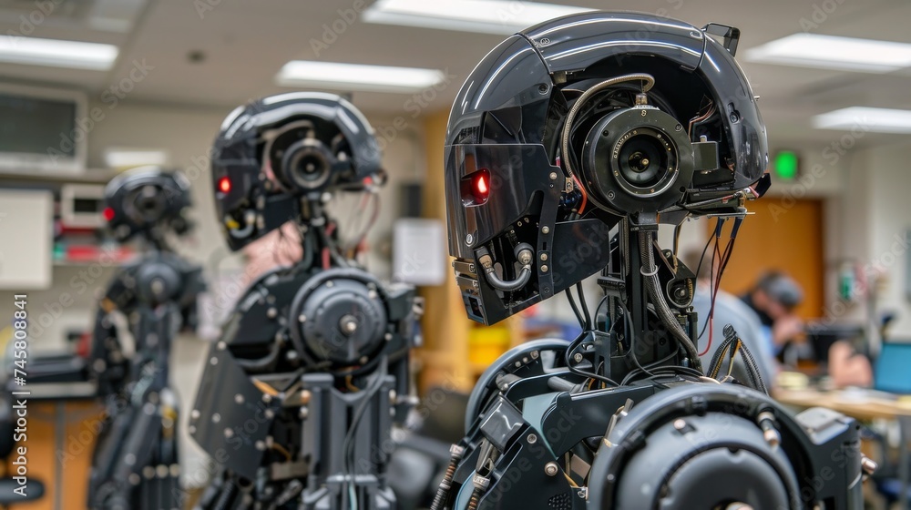 Advanced robotics lab humanoid robots with AI capabilities being tested for everyday tasks