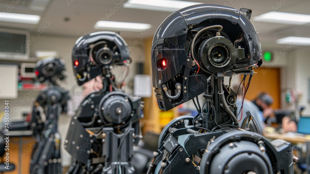 Advanced robotics lab humanoid robots with AI capabilities being tested for everyday tasks Advanced robotics lab humanoid robots with AI capabilities being tested for everyday tasks