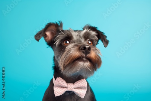  A small terrier wearing a blue bow tie, looking dapper on a solid pastel blue background