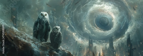 Abstract steampunk art depicting owls and shamans amidst a swirling vortex in a futuristic metropolis