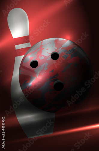 Abstract background with shiny light stripes, bowling ball and skittle