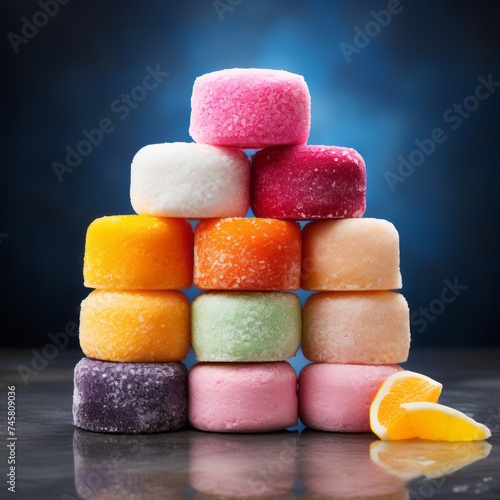 Stuck of multicolored asian Mochi sweets on the table photo