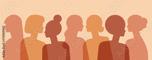 International Women's Day and inspire inclusion. Abstract women in profile silhouette in flat style design. Horizontal banner. Vector illustration  in flat style photo