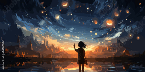 A young girl standing during the day reaching out to grab a star in the night dimension, digital art style, illustration painting