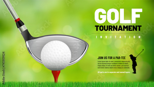 Golf tournament invitation background with golf club, ball, grass, red tee, green bokeh lights and copy space for your text