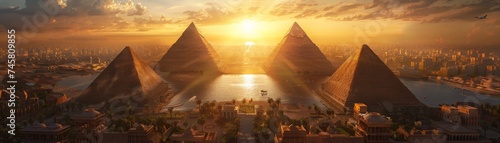 Ancient world reimagined in the future where pyramids and Roman coliseums stand beside skyscrapers