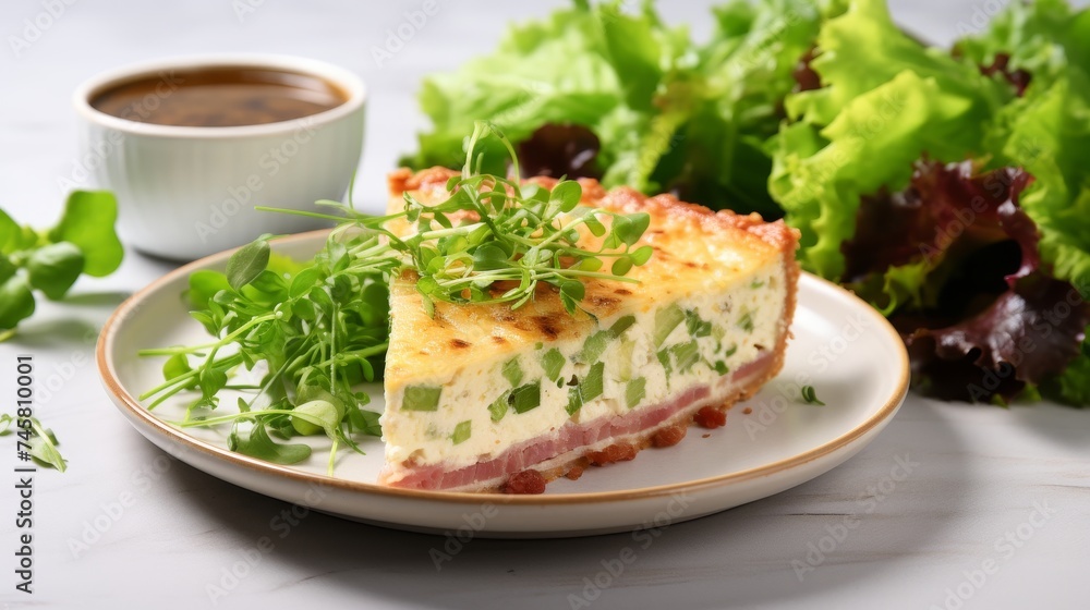 Delicious quiche lorraine with bacon and cheese on kitchen background for text copy space Delicious quiche lorraine with bacon and cheese on kitchen background for text copy space