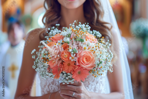 The bouquet held by the bride is the ``wedding bouquet'' and ``bridal bouquet.'' Wedding and bouquet concept.
