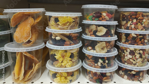 Dried fruits and nuts displayed at the grocery store