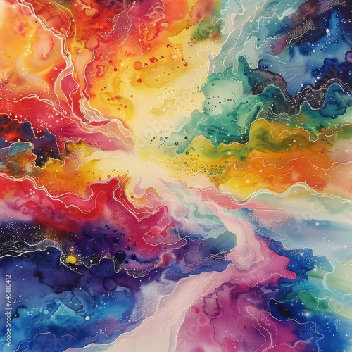 Contemporary watercolor landscape blending nebula phoenix and global nexus themes with candy like colors