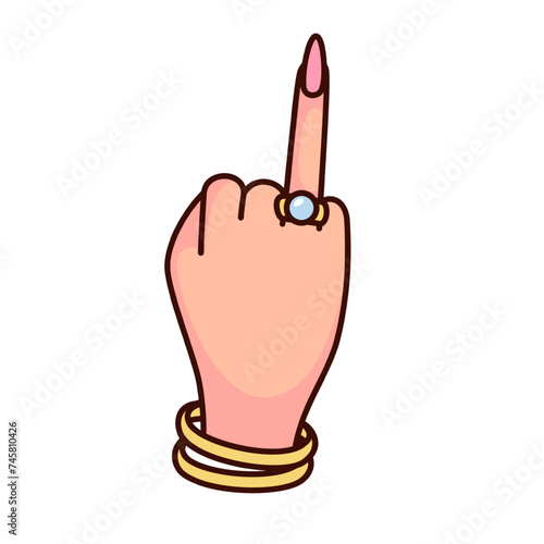 Groovy cartoon hand with wedding ring sticker. Funny retro arm of engaged woman showing ring with diamond, cartoon marriage, engagement mascot with hippie vibe of 70s 80s style vector illustration