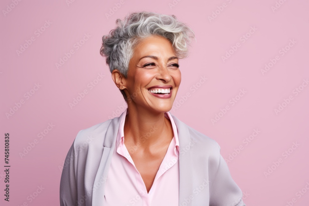 Happy senior woman. Portrait of a beautiful mature woman smiling while standing against pink background Happy senior woman. Portrait of a beautiful mature woman smiling while standing against pink background