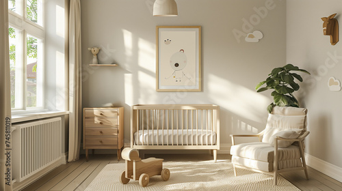 Cozy baby bedroom with wooden wall paneling and wicker lampshade.