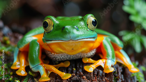 Tree frog, flying frog laughing. Pacific tree frog on green leaf. Dwarf Tree Frog resting on fern frond. Javan tree frog front view on green leaves, Flying frog look like laughing, flying frog.