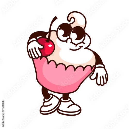 Groovy cupcake cartoon character with cream and cherry. Funny retro cupcake holding berry with smile, wedding cake mascot, cartoon birthday dessert sticker of 70s 80s style vector illustration