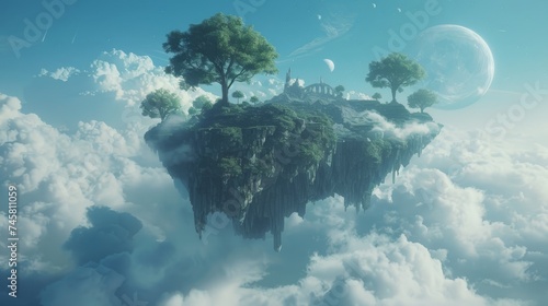 Fantasy world with floating islands mystical creatures and lush magical forests a realm of wonder